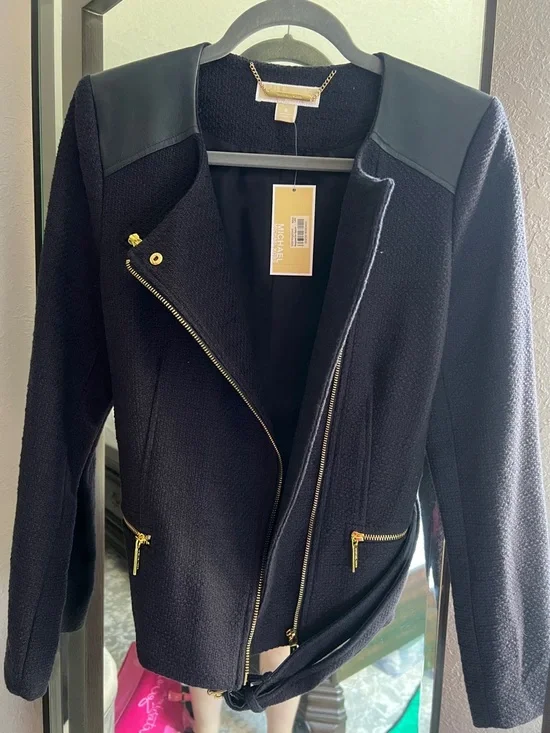 Michael Kors navy blue Women's Moto-Style Zip Jacket with Gold Hardware - Picture 1 of 5